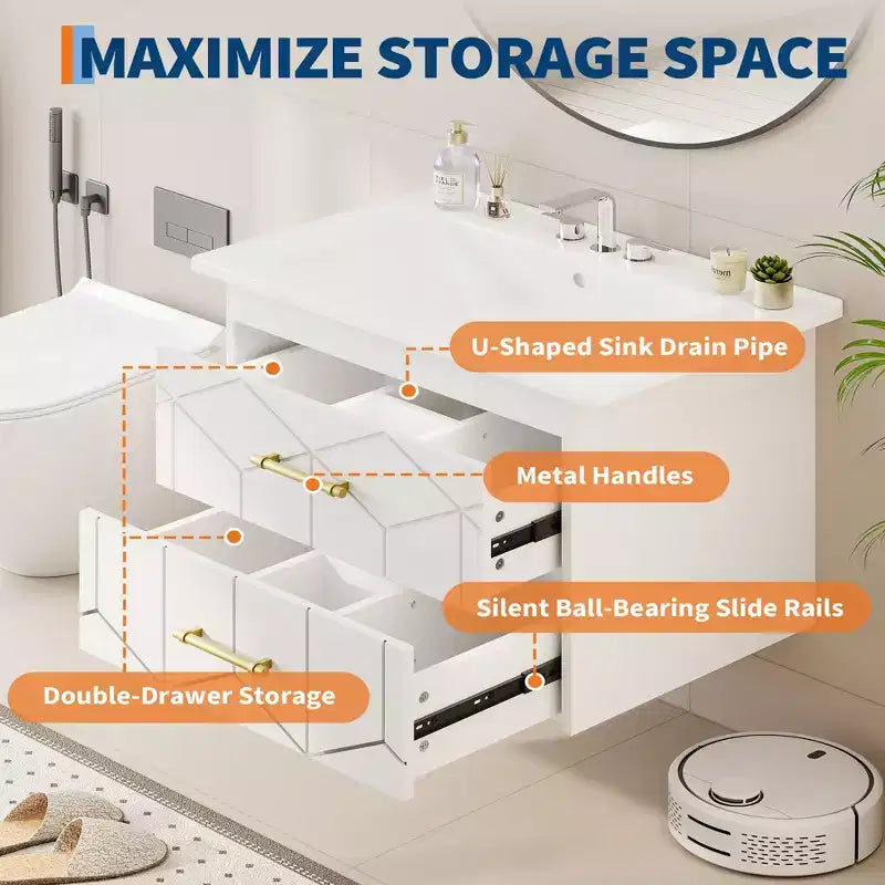 Modernes hängendes Badezimmer-Waschtischset mit Waschbecken – Wandmontierter Unterschrank mit Soft-Close-Schublade und goldenem Griff, Größe 24 oder 30 Zoll