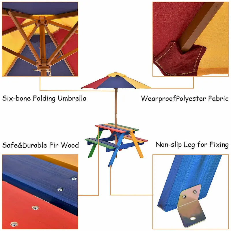 Costway 4-Sitzer Kinderpicknicktisch mit Sonnenschirm, faltbar für Garten und Hof