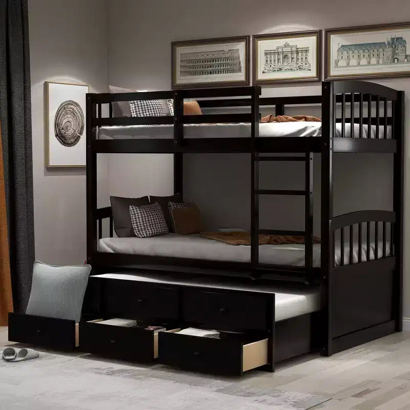 Etagenbett mit Leiter und Schutzgitter, Ausziehbett mit 3 Schubladen – Möbel für Jugend- und Gästezimmer
