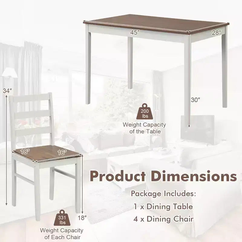 Costway 5-teiliges Esszimmer-Set Massivholz Küchenmöbel mit rechteckigem Tisch & 4 Stühlen Natur/Kaffee/Grau