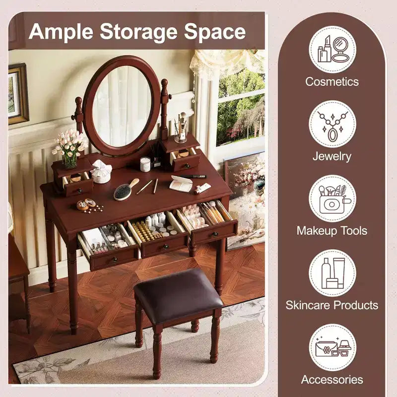 Okak Vintage Holzkosmetiktisch mit verstellbarem Spiegel, Schminktisch mit 5 Schubladen und gepolstertem Hocker, Frisiertisch für das Schlafzimmer