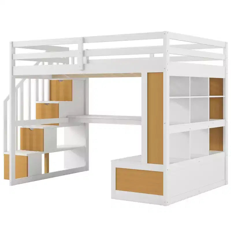 Full-Size-Hochbett mit Treppe und Schreibtisch, Hochbettgestell aus Holz mit Staufächern und Bücherregalen für Erwachsene, Teenager und Kinder
