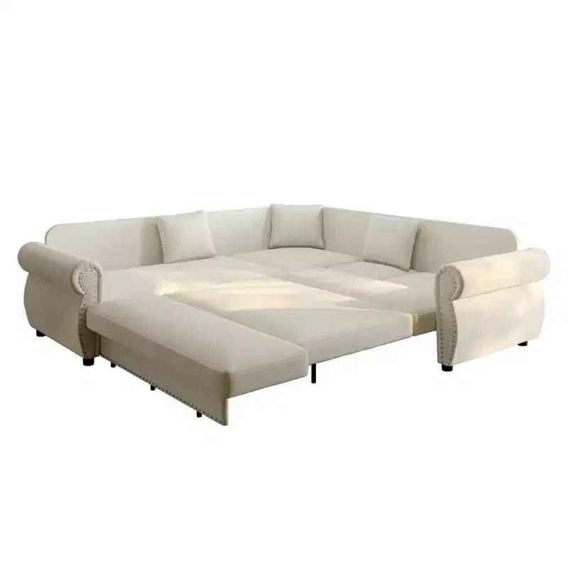 Homy Casa 88 L-förmiges Schlafsofa mit Ausziehbett, Chenille-Polsterung, 5-Sitzer, Beige