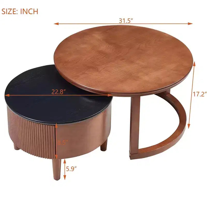 Moderner Couchtisch in Nesting-Bauweise mit Schublade, runder Wohnzimmertisch mit Stauraum