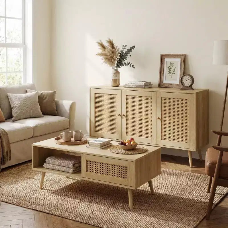 Braunes 2-teiliges Wohnzimmer-Set im Rattan-Stil (TV-Board + Couchtisch), 1 Sitzplatz