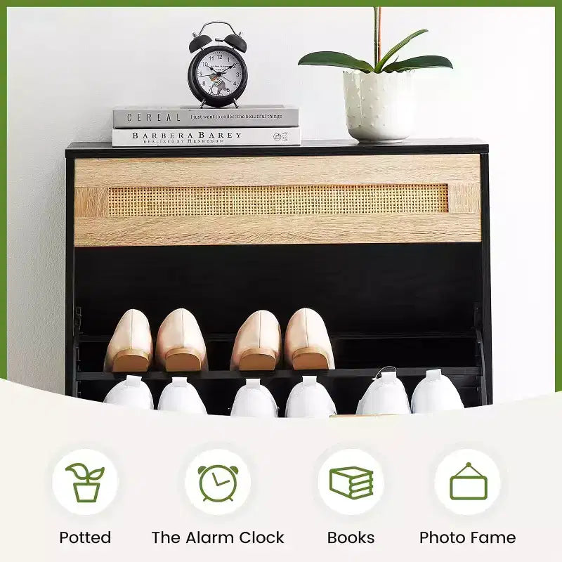 Schuhschrank für den Eingangsbereich mit 2 Klappfächern, schmaler freistehender Schuh-Organizer aus Holz, platzsparendes geschlossenes Schuhregal für Flur, Foyer, Wohnung