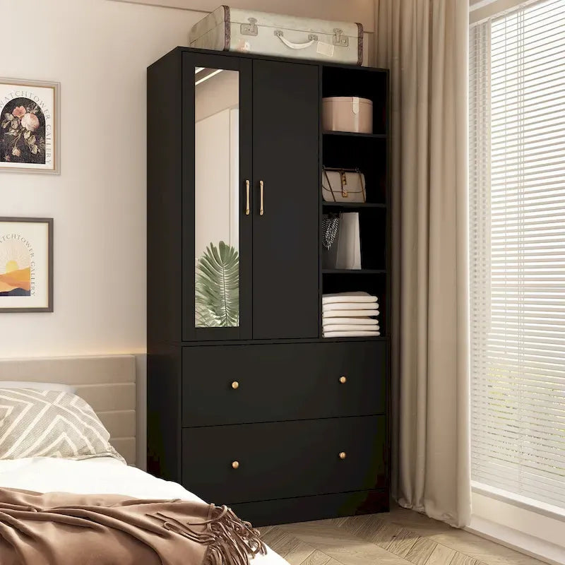 Kleiderschrank mit Spiegel, verstellbarer Kleiderstange und platzsparendem Design