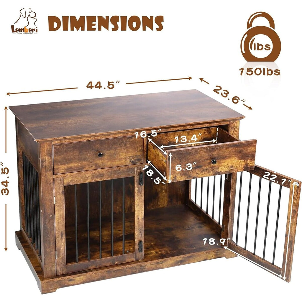 BOSSIN Hundekäfig-Möbel für große Hunde, 112 cm, Hundehütte aus Holz als Beistelltisch mit Schubladen, dekorative Hundeboxen- und Hundehütten-Optik