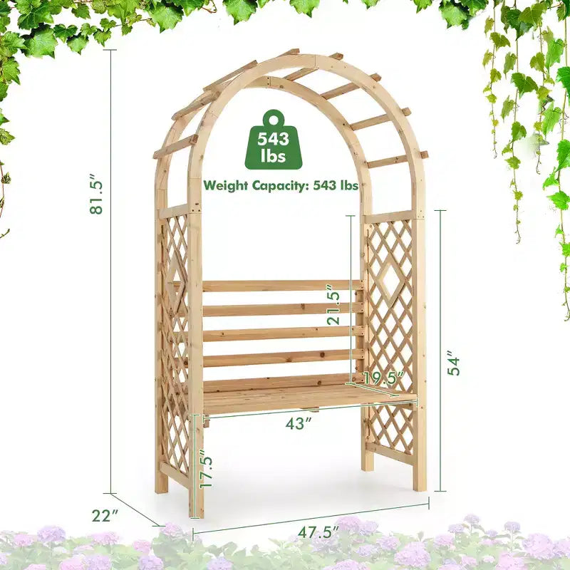 Costway Gartenbank aus Holz mit Rundbogen-Pergola, Gartenpavillon mit Rückenlehne, Terrassen-Rankgerüst
