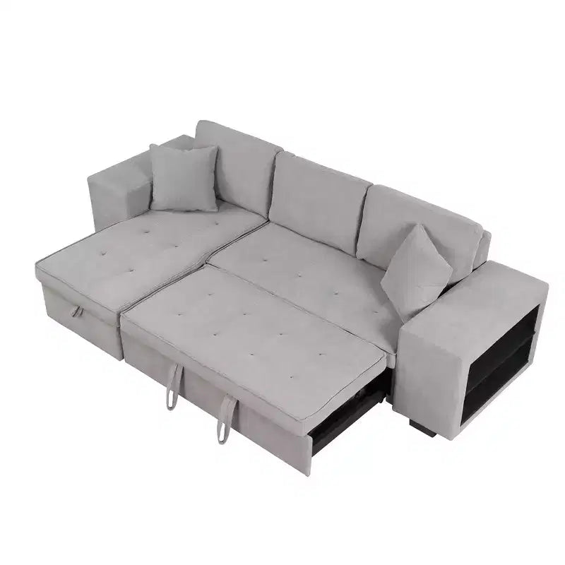 104,5 Zoll L-förmige Schlafcouchgarnitur mit Stauraum-Chaiselongue und 2 Hockern – 3-Sitzer-Schlafsofa mit Schlaffunktion für das Wohnzimmer