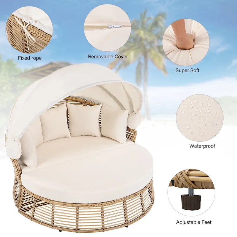 Rundes Outdoor-Rattan-Tagesbett mit Sonnendach und abnehmbaren Kissen