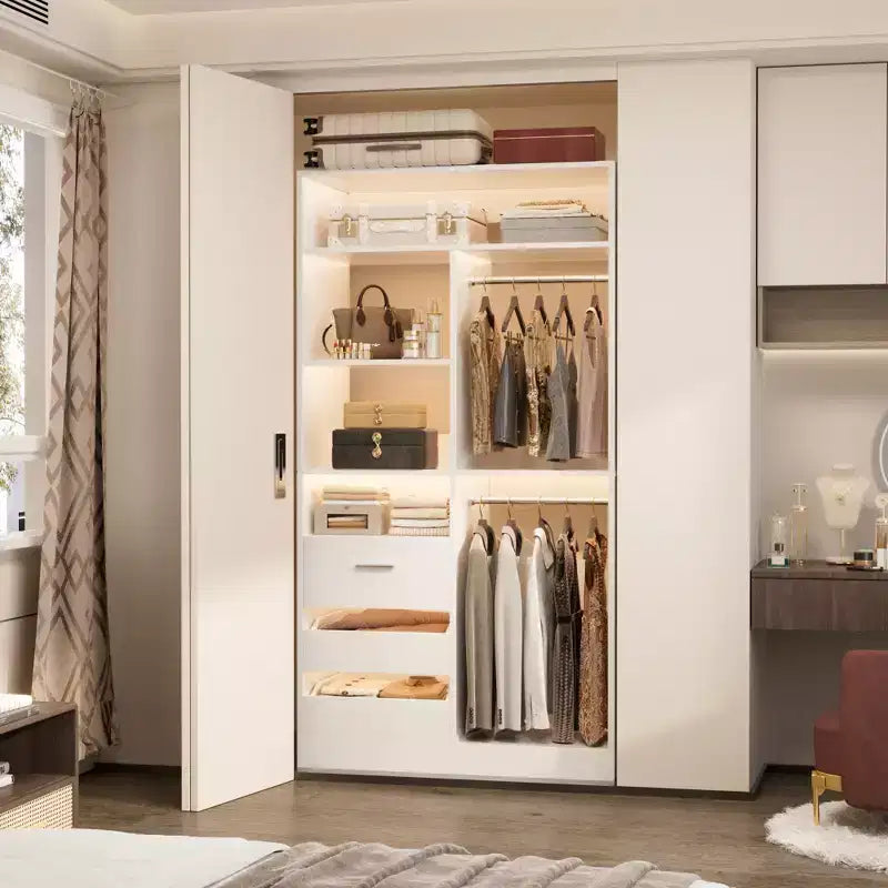 Schrank-Organizer mit Holzschubladen, freistehendes Schranksystem mit Kleiderstangen