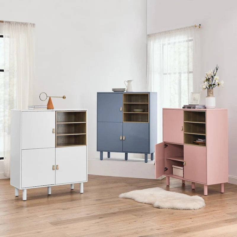 Multifunktionaler Aufbewahrungsschrank mit Tür, moderner Sideboard-Schrank, Holzaufbewahrungsschrank, Schubladenschrank mit Ledergriffen