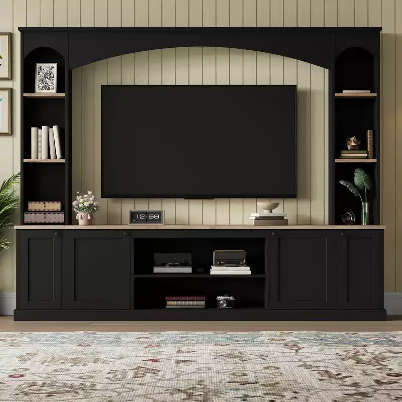 Whisen 91 Medienkonsole, gewölbte Entertainment-Center-Wandkombination im Landhausstil mit Bücherregal, Holzmaserung, für Fernseher bis zu 70 Zoll