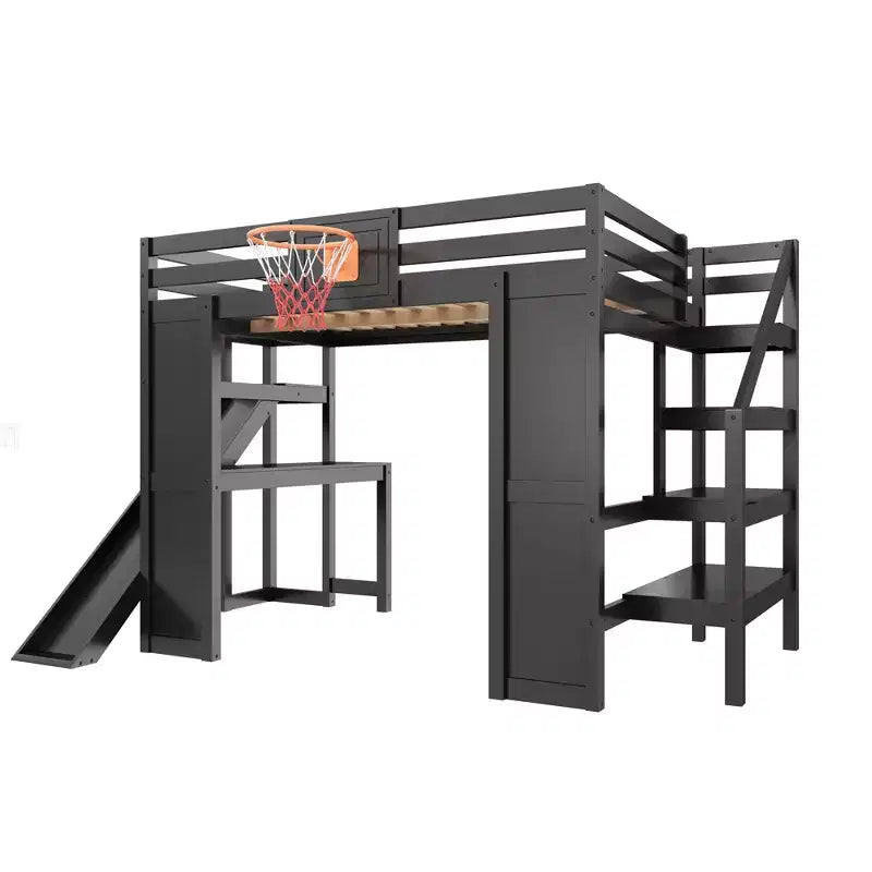 Luxystar Komplettes Hochbett aus Holz mit Schreibtisch, Rutsche, Basketballkorb und Aufbewahrungstreppe für Kinder und Jugendliche