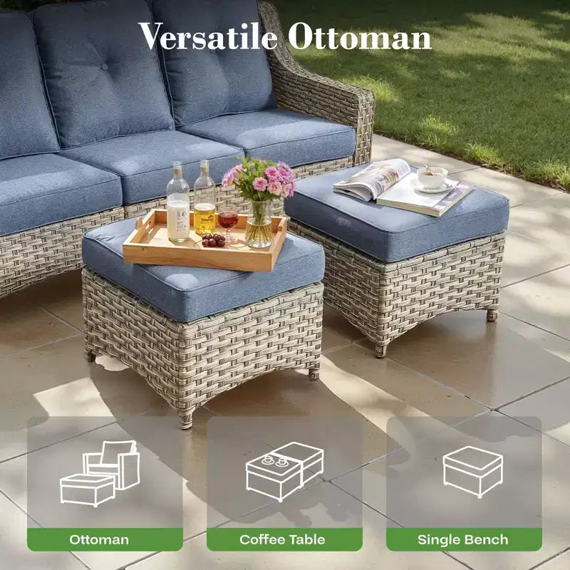 HOMLUX 6-teiliges Terrassen-Loungeset aus Polyrattan mit 3-Sitzer-Sofa und Polstern, Rattanstühlen, Hockern und Couchtisch