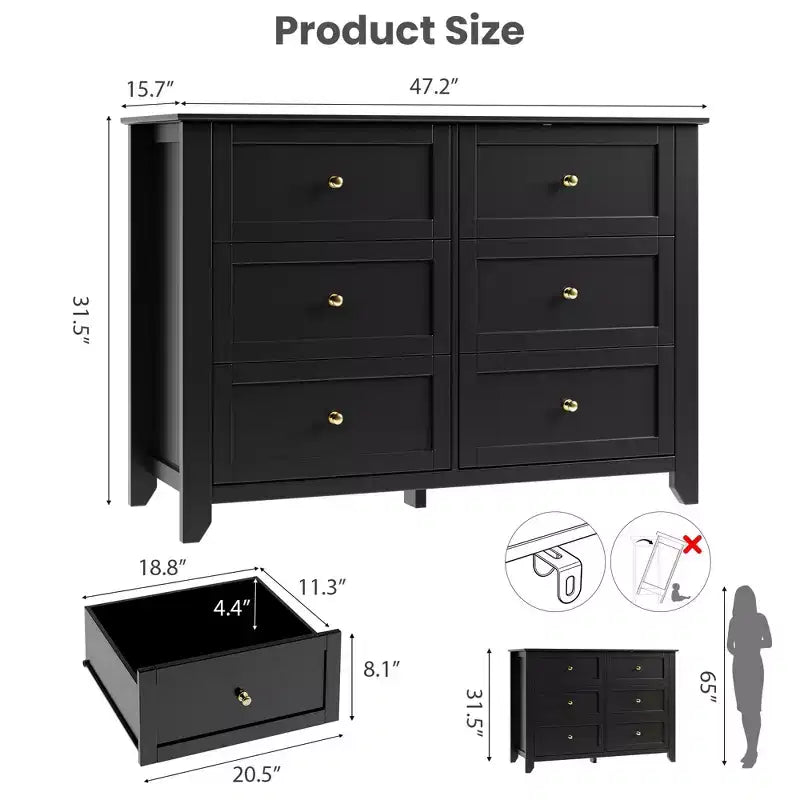 Kommode mit 6 Schubladen für das Schlafzimmer, große Kommode mit tiefen Schubladen & Metallknöpfen, modernes Holzschubladenelement für Eingangsbereich, Flur