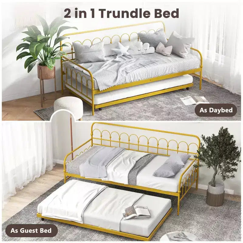 Costway Metall-Tagesbett in Einzelgröße mit ausziehbarem Unterbett, platzloses Schlafsofa, feststellbare Rollen, Gold