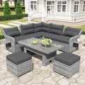 Outdoor-Rattan-Ecksofa-Set mit verstellbarem Tisch und Relaxsesseln