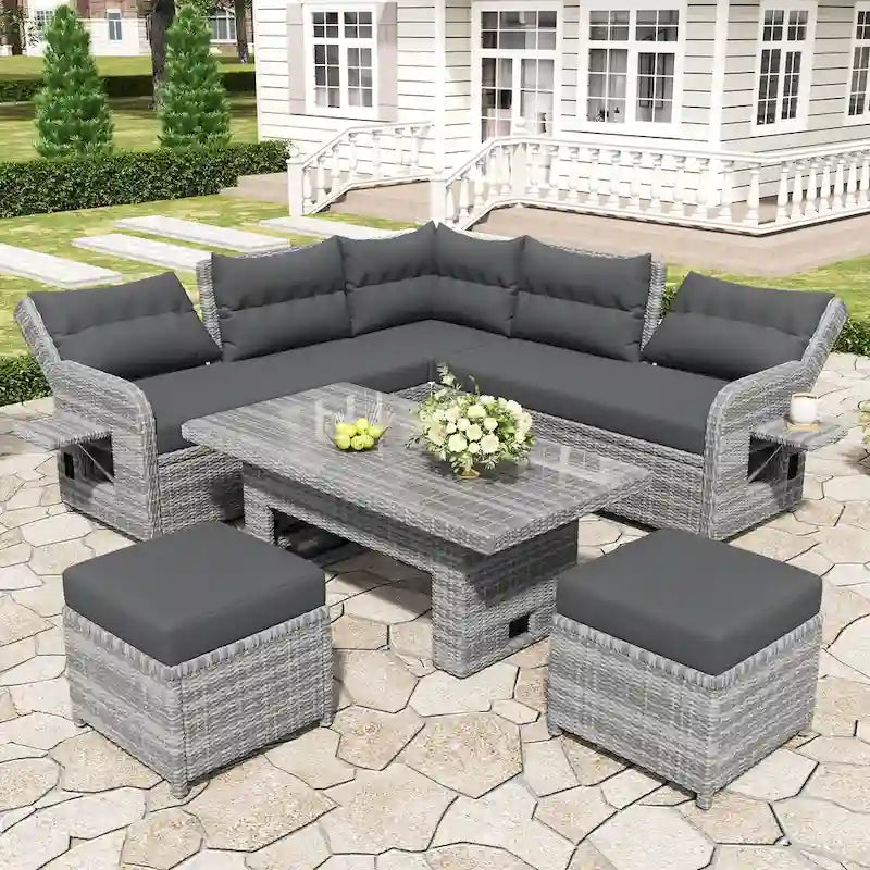 Outdoor-Rattan-Ecksofa-Set mit verstellbarem Tisch und Relaxsesseln
