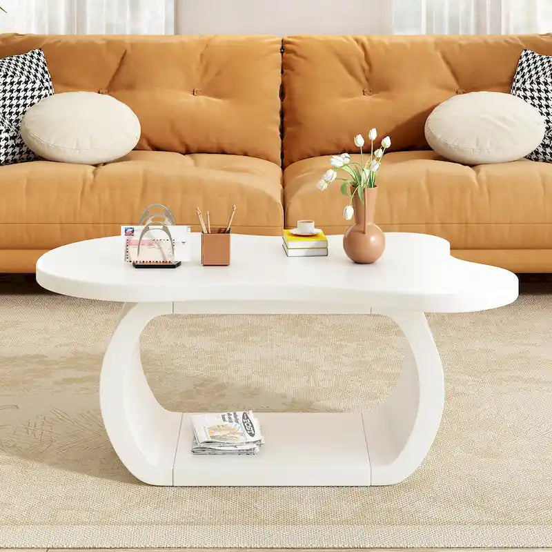 Moderner Cloud-Couchtisch mit 1,5 Zoll dicker Tischplatte, cremefarbener, unregelmäßig geformter Beistelltisch mit geschwungenen Beinen, einzigartiger Design-Akzenttisch