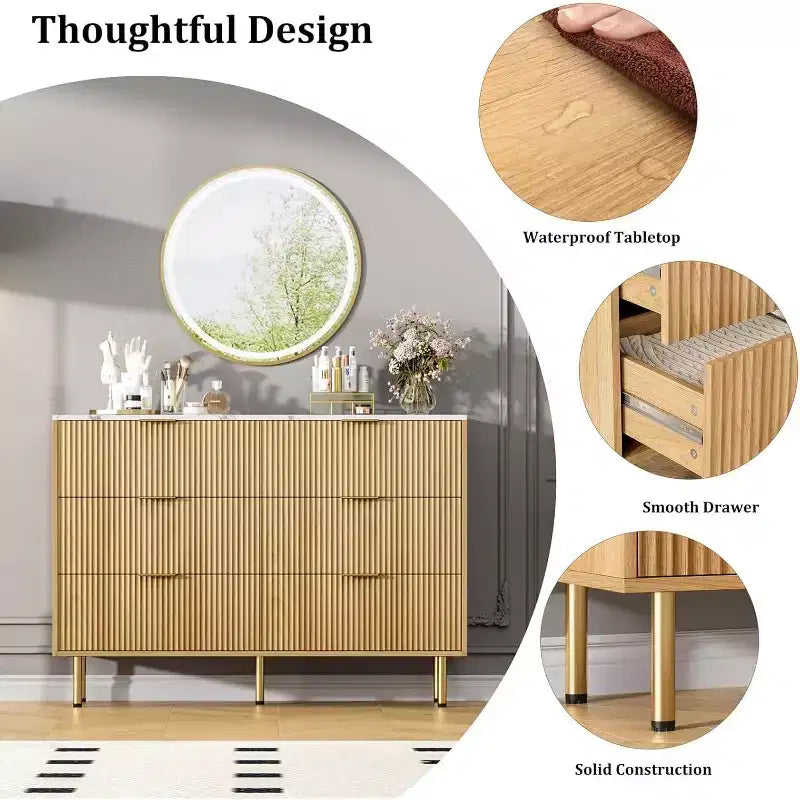 COZONY 6-Schubladen-Kommode mit geriffeltem Design, moderner Holz-Aufbewahrungsschrank, breite Schubladenkommode für Schlafzimmer, Wohnzimmer und Eingangsbereich