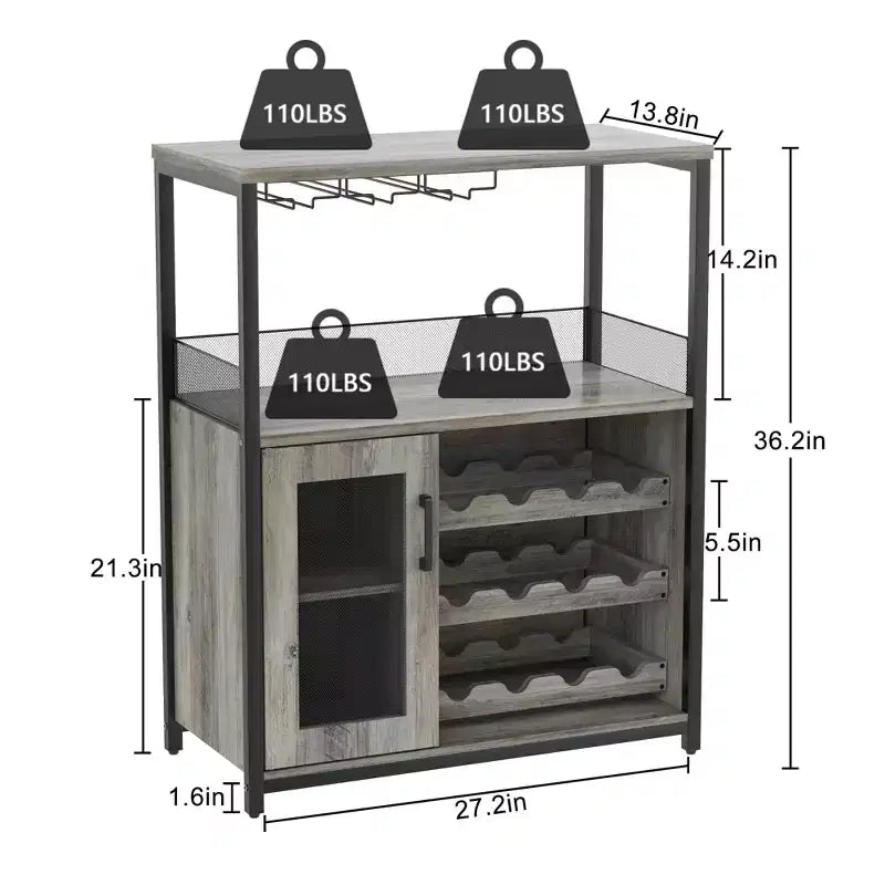 Grauer 3-stöckiger industrieller Weinbarschrank (12+ Flaschen), 91,4 H x 61 B x 38,1 T cm, abnehmbares Regal, 9 Glashalter & verstellbare Einlegeböden für Zuhause/Bar