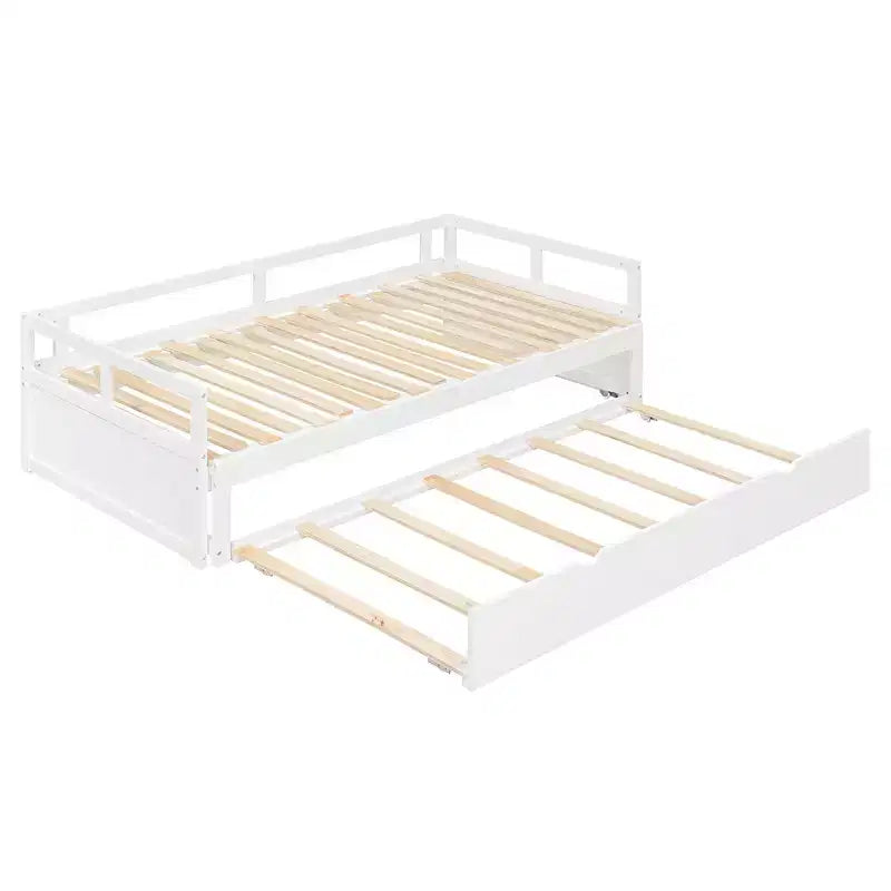 Okak Twin Size ausziehbares Design-Tagesbett mit Bettkasten/Schubladen & Sicherheitsgitter, Massivholz-Plattformbettgestell für Teenager, Erwachsene