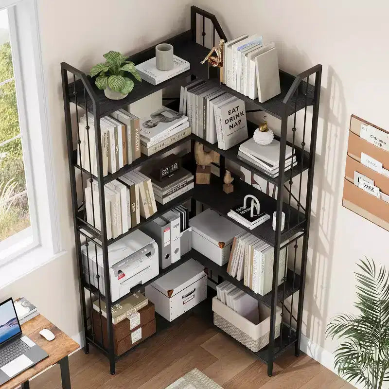 L-förmiges Eckregal, Industrie-Design Eckregal, fünfetagiges L-förmiges Bücherregal mit Perlen-Dekor, geeignet für Wohnzimmer