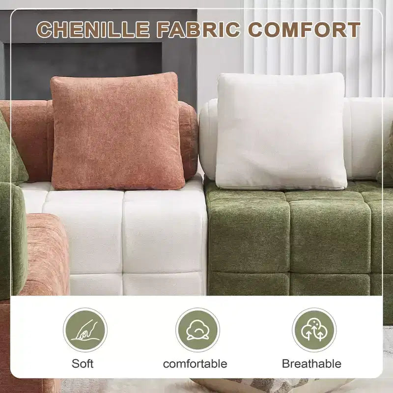 280 cm breites, modulares 4-Sitzer-Sofa aus Chenille im Colorblock-Design mit geschwungenen Armlehnen
