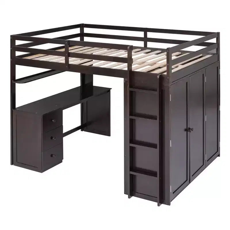 CLIHOME Hochbett in Full-Size mit 3 Schubladen, Schreibtisch und Kleiderschrank