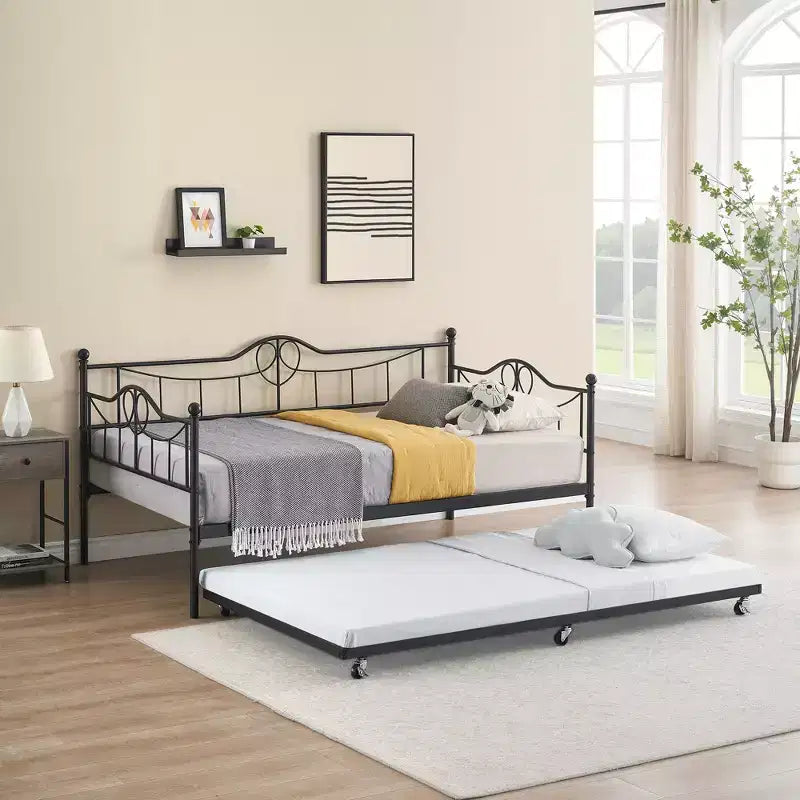 Tagesbett mit Ausziehbett, Metall-Tagesbett mit Gästebett, Tagesbett mit Ausziehbarem Bettrahmen, Sofa mit Stahl-Lattenrost für Kinder, Jugendliche und Erwachsene