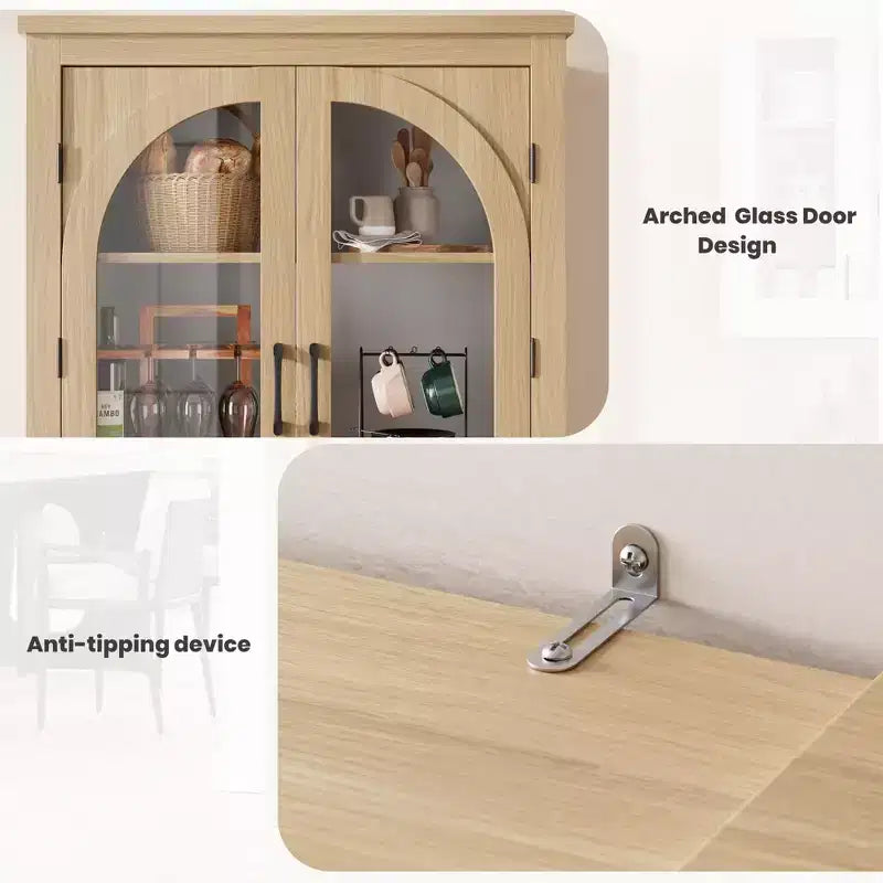 178 cm hoher Küchenschrank, moderner Vitrinenschrank mit 4 gewölbten Glastüren und verstellbaren Einlegeböden, für Küche, Wohnzimmer, Esszimmer, Badezimmer