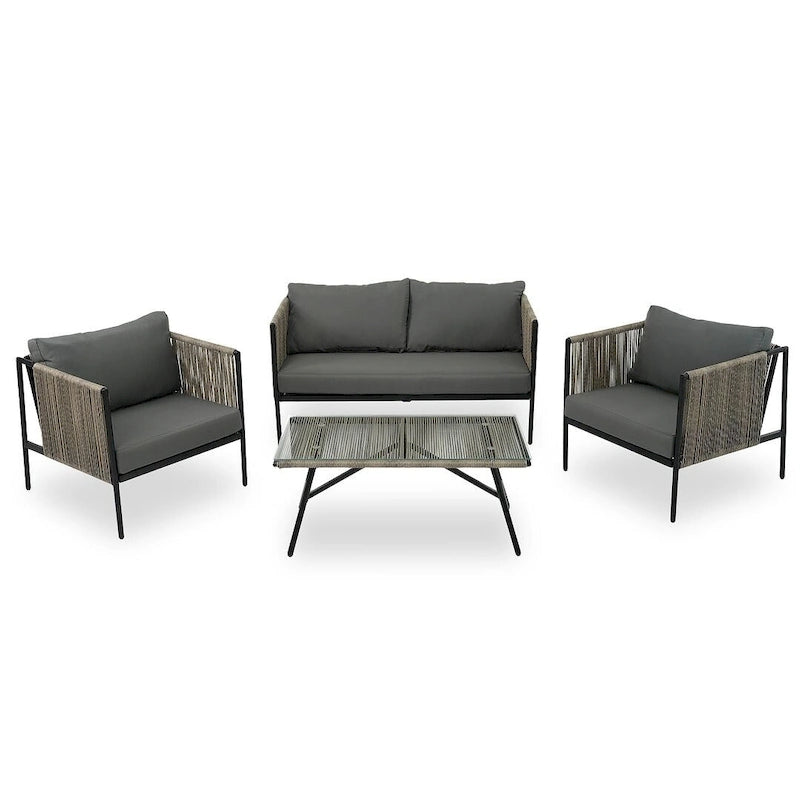 4-teilige Outdoor-Lounge-Garnitur aus Seil für 4 Personen mit Auflagen und Glastisch
