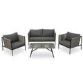 4-teilige Outdoor-Lounge-Garnitur aus Seil für 4 Personen mit Auflagen und Glastisch