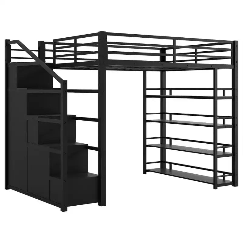 Queen-Size-Metall-Hochbett mit Ablagefächern, Schränken und Kleiderschrank