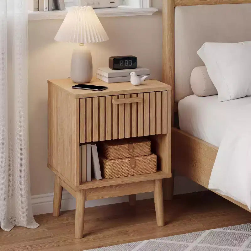 2er-Set Nachttische im Boho-Stil mit gestreifter Schublade und offenem Regal, kompakter Beistelltisch aus Holz fürs Bett, kleiner Beistelltisch für Schlafzimmer und Wohnzimmer