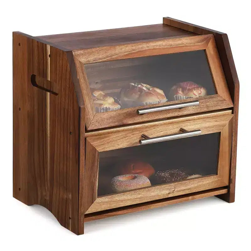 Brotkasten, zweistöckige Brotdose aus Akazienholz mit transparenter Acryl-Türblende, Lüftungsschlitzen, Brotaufbewahrung für die Küchenarbeitsplatte, rustikaler brauner Brotkasten