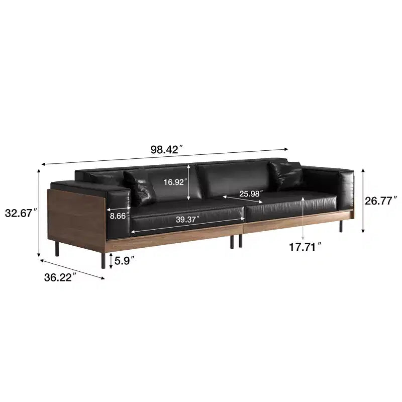 98,42 Modernes Ledersofa mit Massivholzrahmen, Metallbeinen und 3 Dekokissen