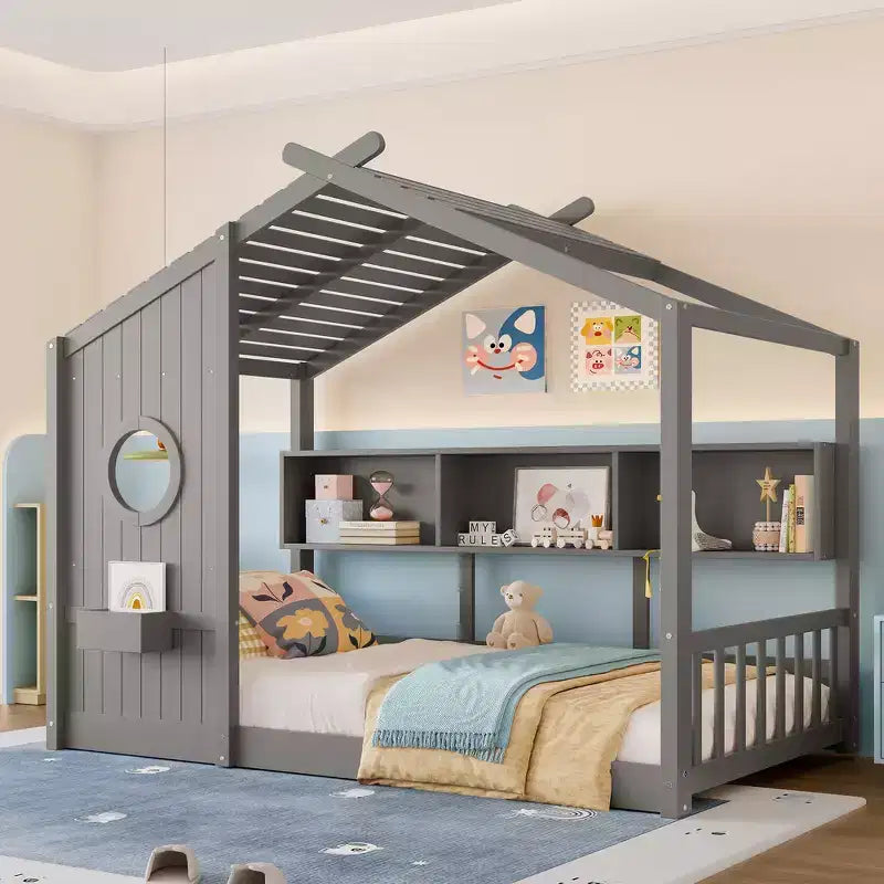 Bodenbett für Kinder in Twin-Größe, Montessori-Hausbett mit Ablagefach und Dachdesign