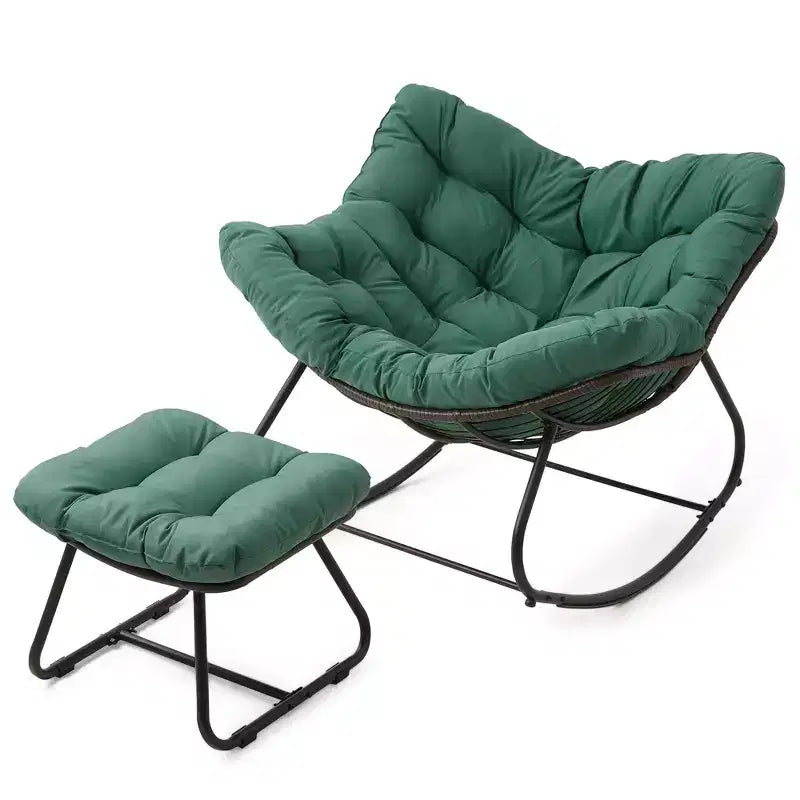 Heynemo Terrassen-Schaukelstuhl mit Hocker, Eiformiger Schaukelstuhl für drinnen und draußen mit Kissen, Überdimensionaler Papasan-Loungesessel aus Metall, Lesesessel
