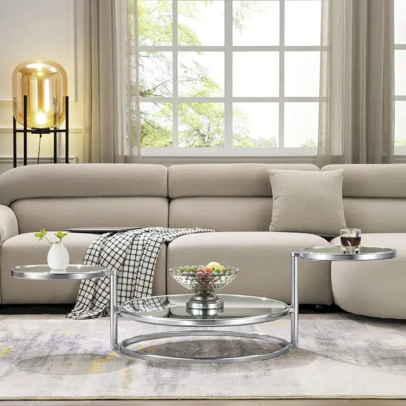 Runder Couchtisch aus gehärtetem Glas mit 3 Ebenen und um 360 Grad drehbarer Tischplatte