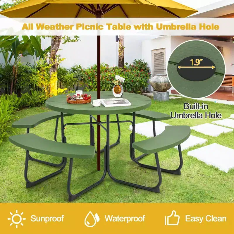 Costway Outdoor 8-Personen-Rund-Picknicktisch-Bank-Set mit 4 Bänken & Sonnenschirmloch Schwarz/Grau/Grün/Weiß