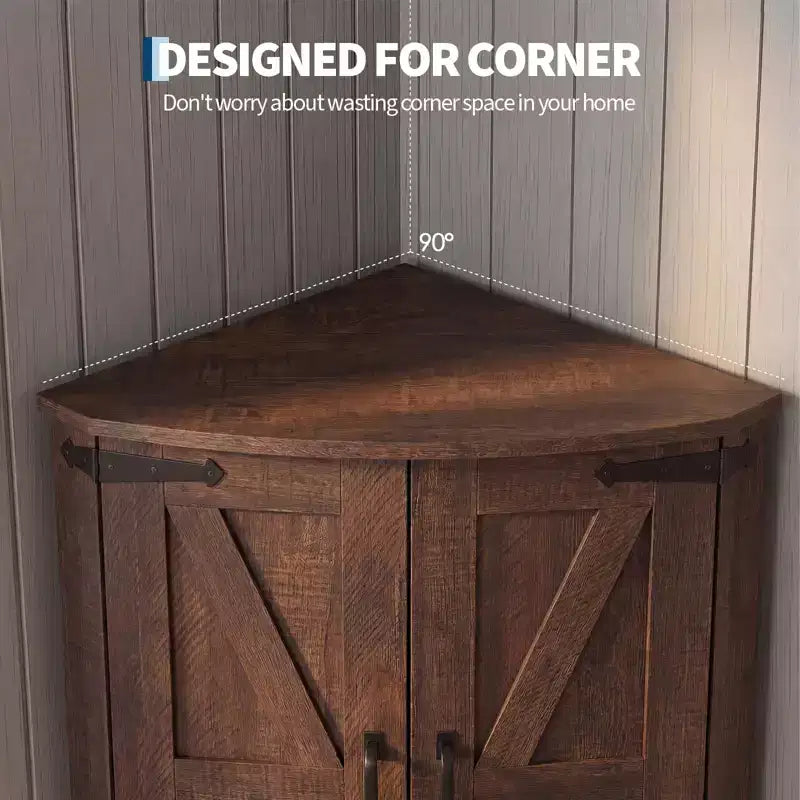164,6 cm hoher Eckschrank mit Türen, brauner Eckschrank im Landhausstil, freistehender Eckvorratsschrank mit verstellbaren Einlegeböden
