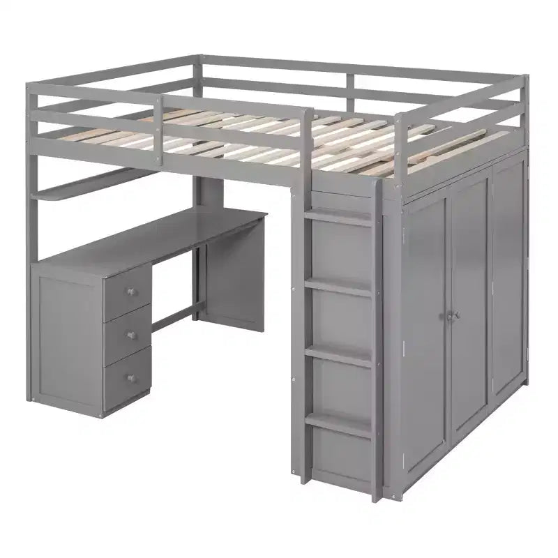 CLIHOME Hochbett in Full-Size mit 3 Schubladen, Schreibtisch und Kleiderschrank