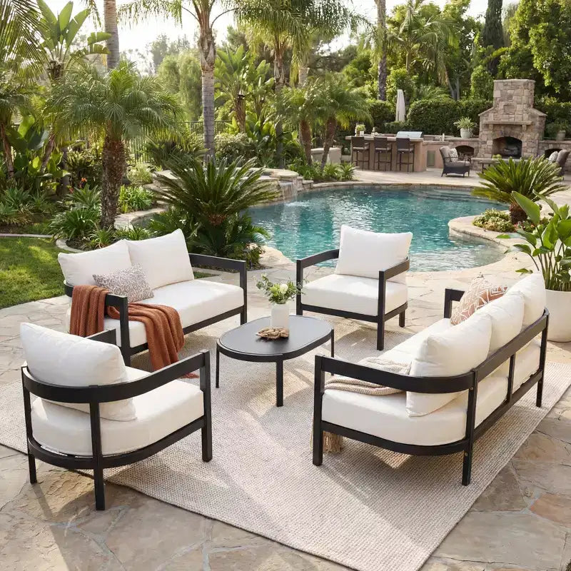 Christopher Knight Home Althea 5-teilige moderne, geschwungene Aluminium-Lounge-Garnitur für den Außenbereich mit Glastisch