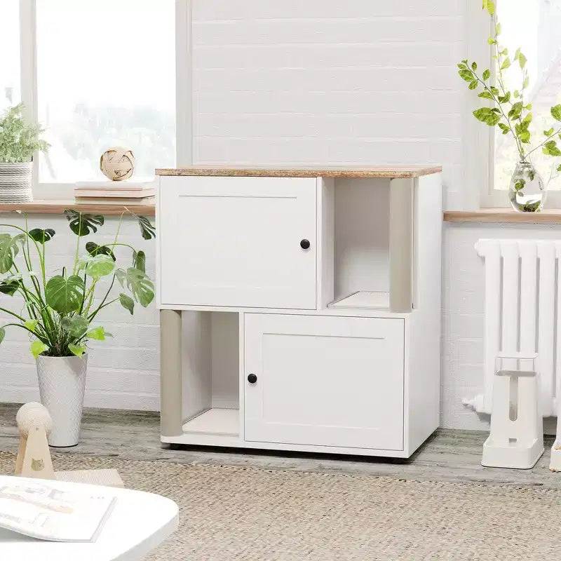 Katzentoiletten-Gehäuse mit zwei Kammern, verstecktes Katzentoiletten-Möbel mit Kratzstämmen und doppellagigen Streumatten für das Zuhause