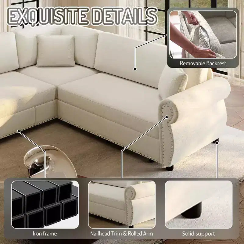 Homy Casa 88 L-förmiges Schlafsofa mit Ausziehbett, Chenille-Polsterung, 5-Sitzer, Beige