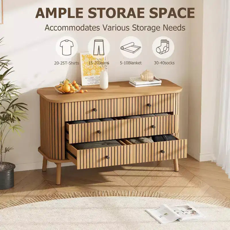 Kommode, horizontaler Schrank mit 6 Schubladen, schwarzen Griffen & Holzbeinen, Naturholz-Optik
