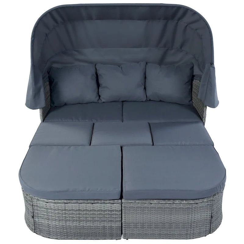 Graues Outdoor-Tagesbett aus Korbgeflecht mit Polstern und ausziehbarem Sonnendach